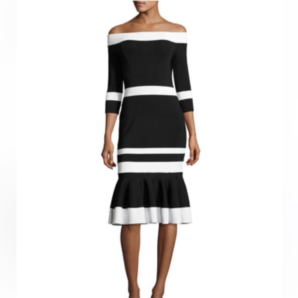 Jonathan Simkhai Black and White Off-Shoulder Stripe Midi Dress